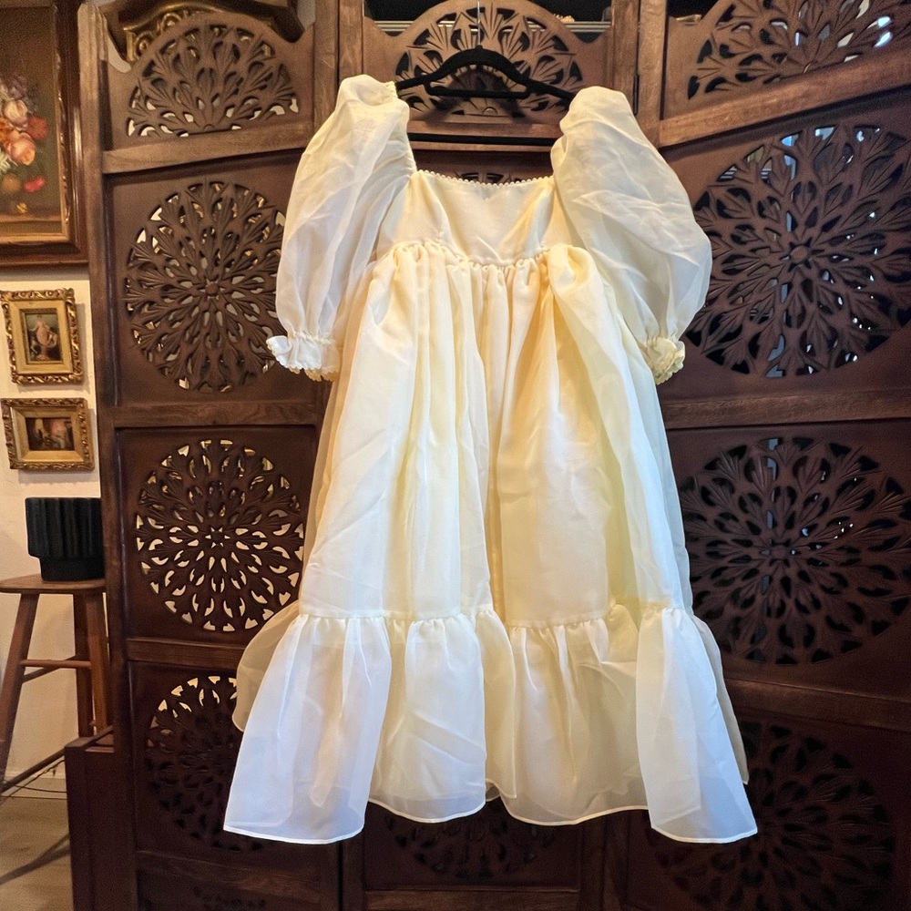 Selkie Banana Light Yellow Sheer French Puff Babydoll Midi Dress Puffy Sleeves